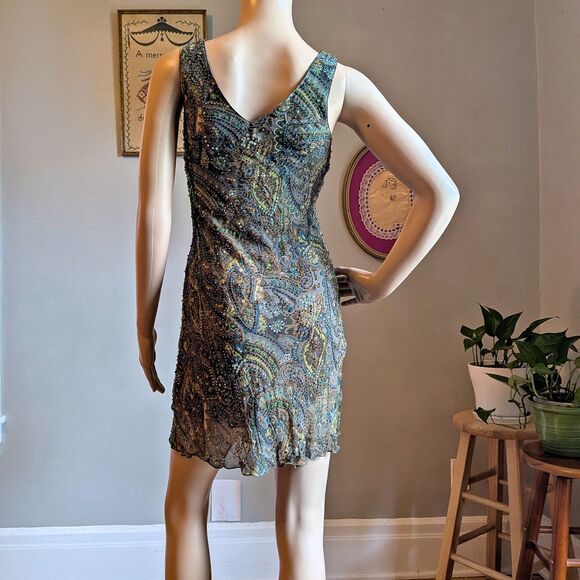 Vintage Y2K Georgiou Studios Silk Mini Dress Beaded Sequin Whimsigoth Party 2 - Picture 4 of 15